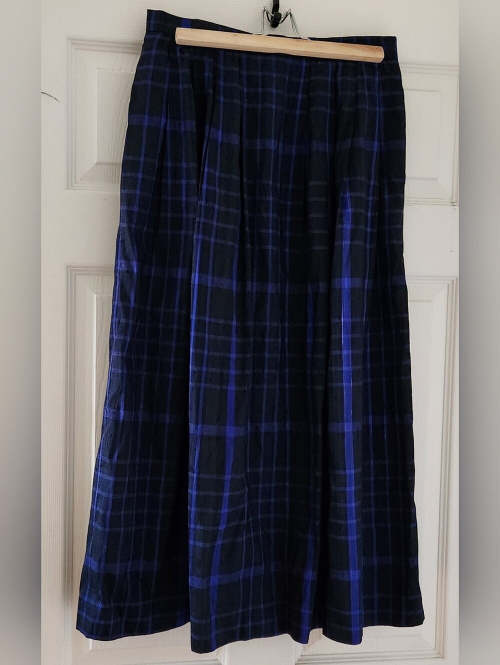 Vintage 80s Susan Bristol Black and Blue Plaid Silk Skirt